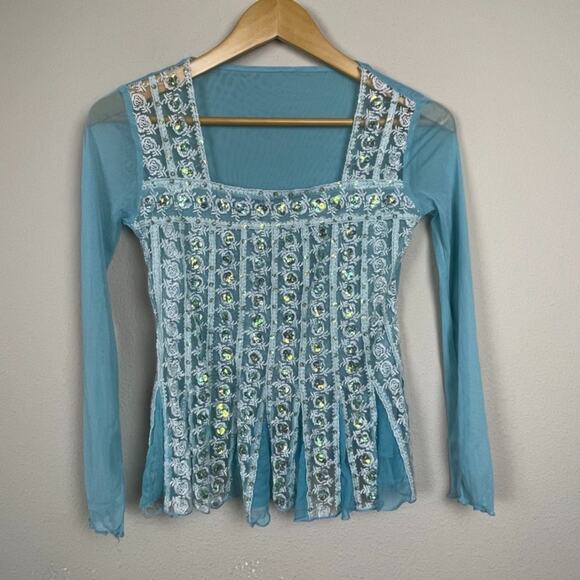 Fairy Y2K Turquoise Sheer Chiffon Lace Sequin Top XS/S Square Neck Peplum Ethere - Picture 1 of 5